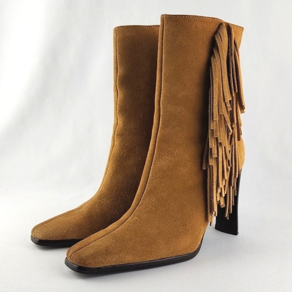 Predictions Collection Tan Suede Leather Fringed Heeled Boot Westen Style Sz 5.5 - Picture 4 of 16